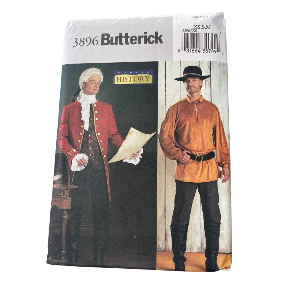 Butterick 3896 Mens 18th Century Costume Size XS-M Coat Shirt Colonial UNCUT